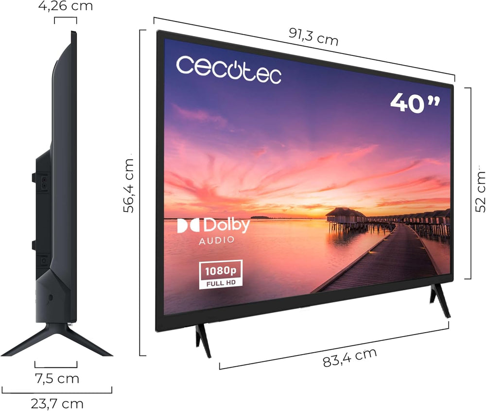 Televizor Cecotec - televizor LED de 40 de inci, rezoluție Full HD - Seria 0 0040. Sistem Dolby, tuner DVB-T/T2/C/S/S2, difuzoare de 16 W, 3 porturi HDMI și 2 porturi USB, memorie flash