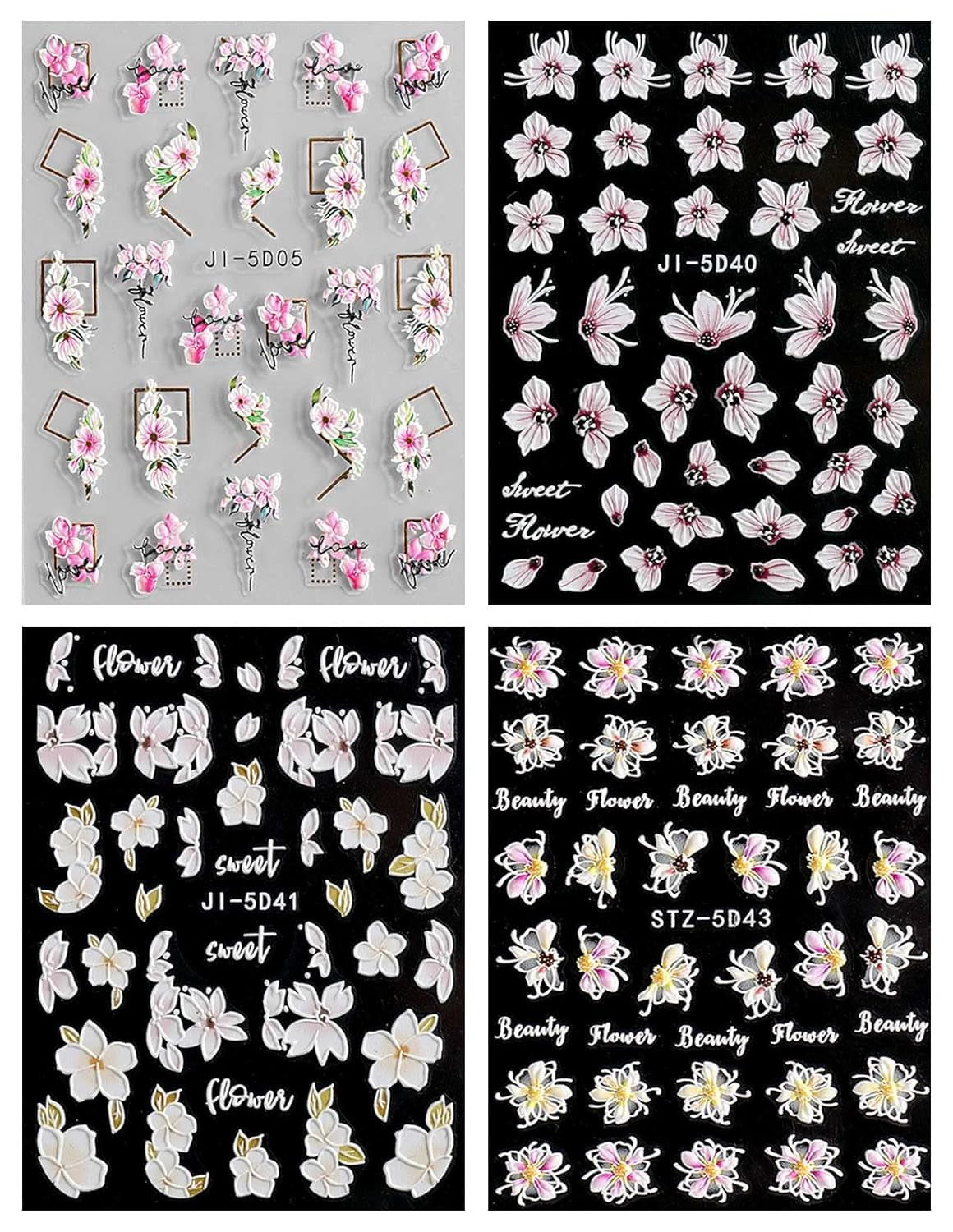 JMEOWIO 3D Nagelsticker Frühling Blume Nail Art Sticker Selbstklebend Nagelaufkleber 5D Stereoskopisch Buntes Sommer Blumen Dekoration Nageldesign Zubehör 4 Blatt