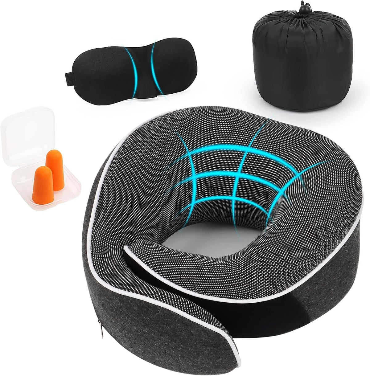 KILDOWS Pernă de gât pentru avion, pernă de călătorie din spumă cu memorie, pernă de călătorie pentru avion cu mască pentru ochi și dopuri pentru urechi, pernă ortopedică pentru gât, ideală pentru călătorii cu avionul, mașina, trenul Perne ortopedice cervicale Naty Shop Titlu implicit