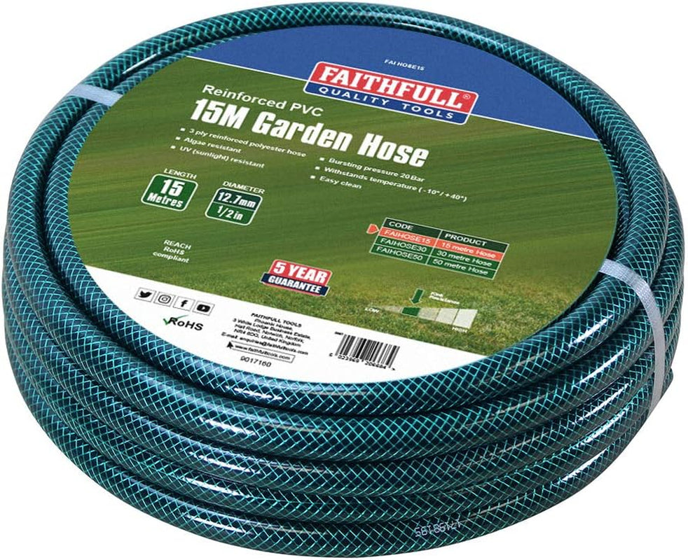 Furtun de grădină Faithfull 50 m (164 ft) ranforsat, diametru 12,7 mm (1/2 inch) – țeavă rezistentă din PVC, verde