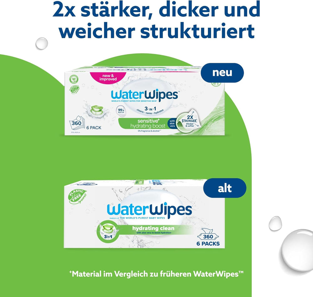 Salviette umidificate WaterWipes Sensitive+ Hydrating Boost, salviette idratanti, 360 pezzi (confezione da 6), 3 in 1 per pulire, curare, idratare, acqua di aloe vera al 99%, salviette per neonati senza profumazione