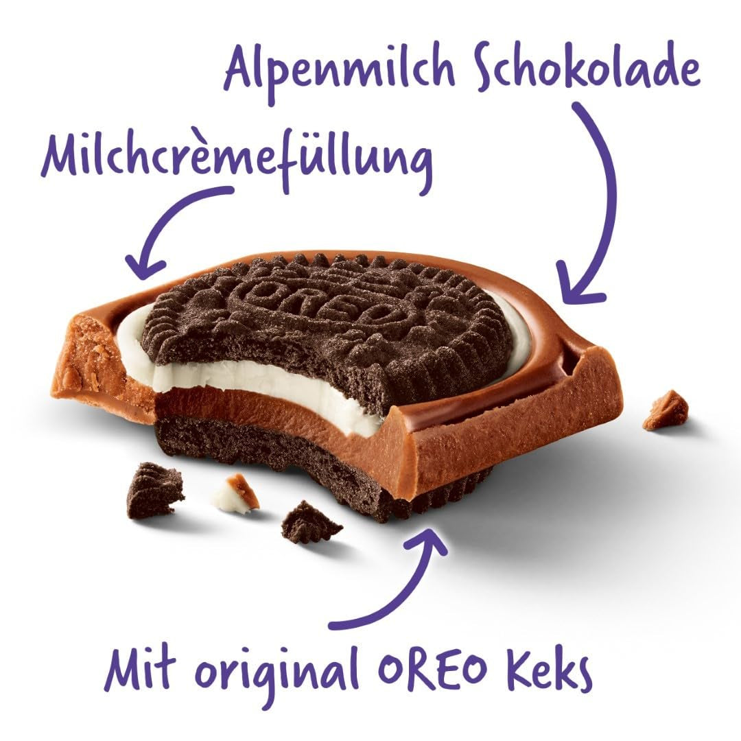 Milka Oreo Sandwich – Cioccolato al latte alpino, ripieno di pezzi croccanti di biscotti Oreo e morbida crema alla vaniglia – 92g
