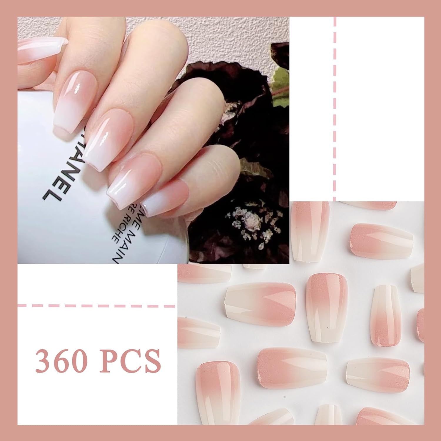 Set 360 de bucăți de unghii false cu balerină în gradient, unghii artificiale cu gradient roz și alb pentru lipire cu 2 bucăți de stilouri cu ulei pentru unghii, unghii false medii ombre pentru femei DIY