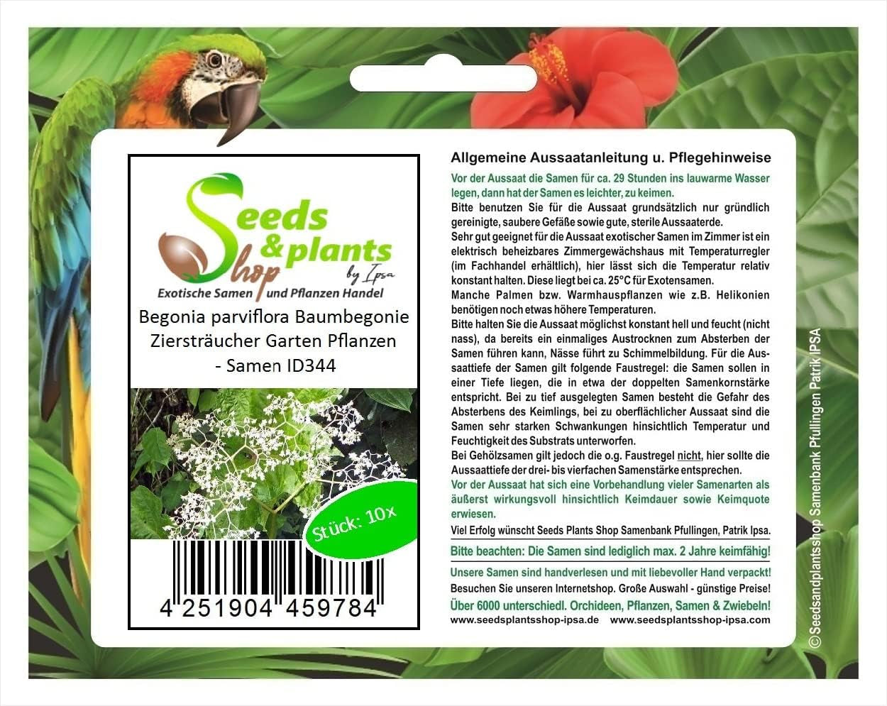 Stk - 10X Begonia Parviflora Baumbegonie Ziersträucher Garten Pflanzen - Samen ID344 -