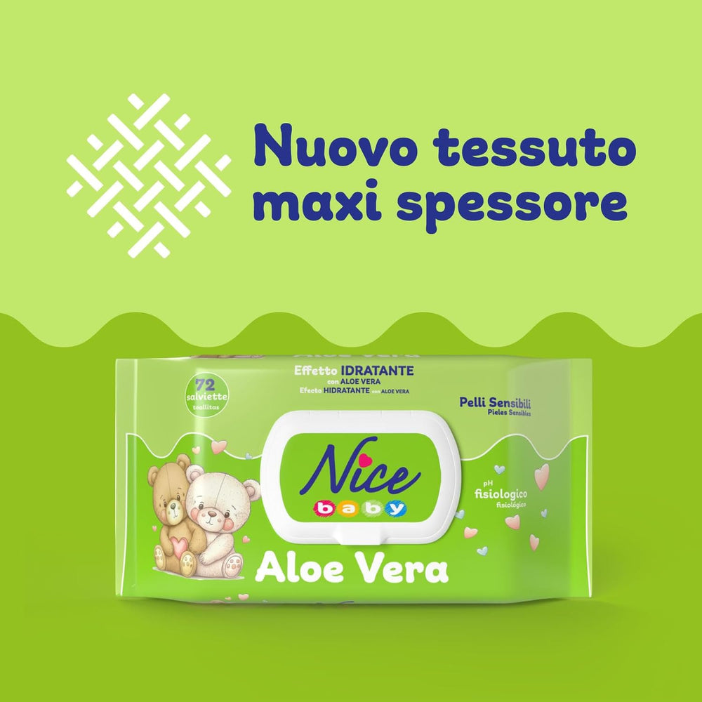 Salviette detergenti per bambini e neonati - con aloe vera e olio di argan - dermatologicamente testate - valore pH fisiologico - formato maxi: confezione da 72 salviette - Nice