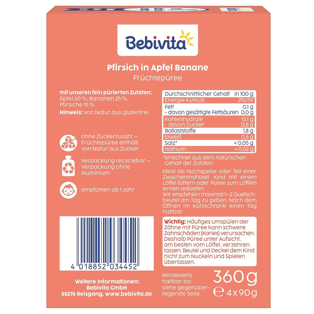 Buste comprimibili di pesca, mela e banana - 16 (confezione da 4, 4 x 90 g ciascuna), senza zuccheri aggiunti, senza glutine, ideali per snack da asporto e per il consumo autonomo