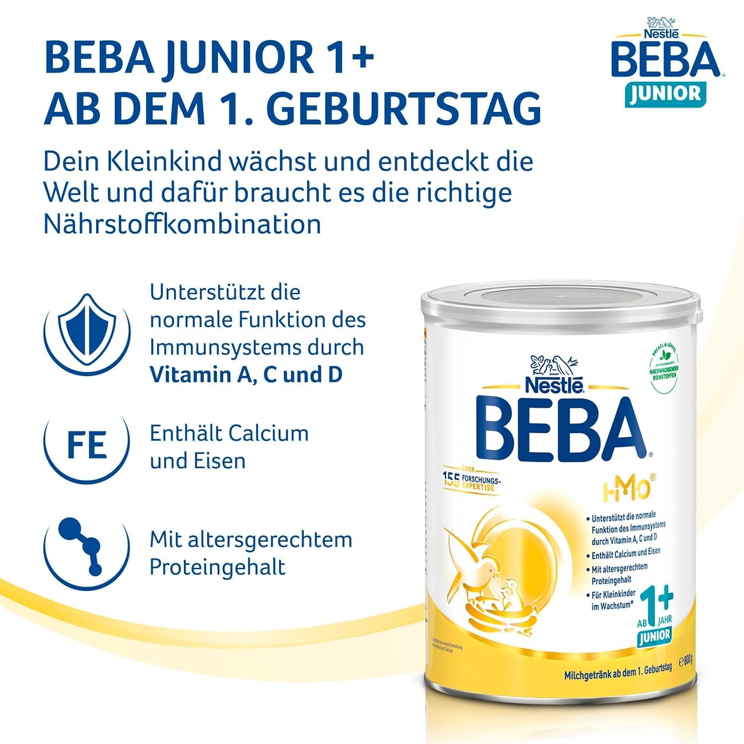 Băutură cu lapte BEBA Junior 1+ de la 1 an, Cu HMO, Conținut de proteine adaptat vârstei, Numai lactoză, Fără ulei de palmier, Fără ulei de pește, Hrană pentru copii mici, Lapte praf pentru bebeluși, Pachet de 3 (3 x 800g)