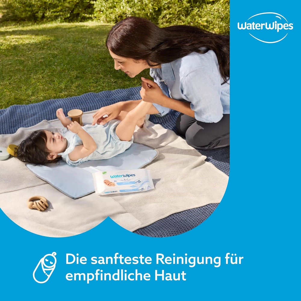 Șervețele umede WaterWipes Sensitive+ pentru nou-născuți și bebeluși, 720 bucăți (12 pachete), curățare, îngrijire, protecție 3 în 1, 99,9% apă, fără parfum