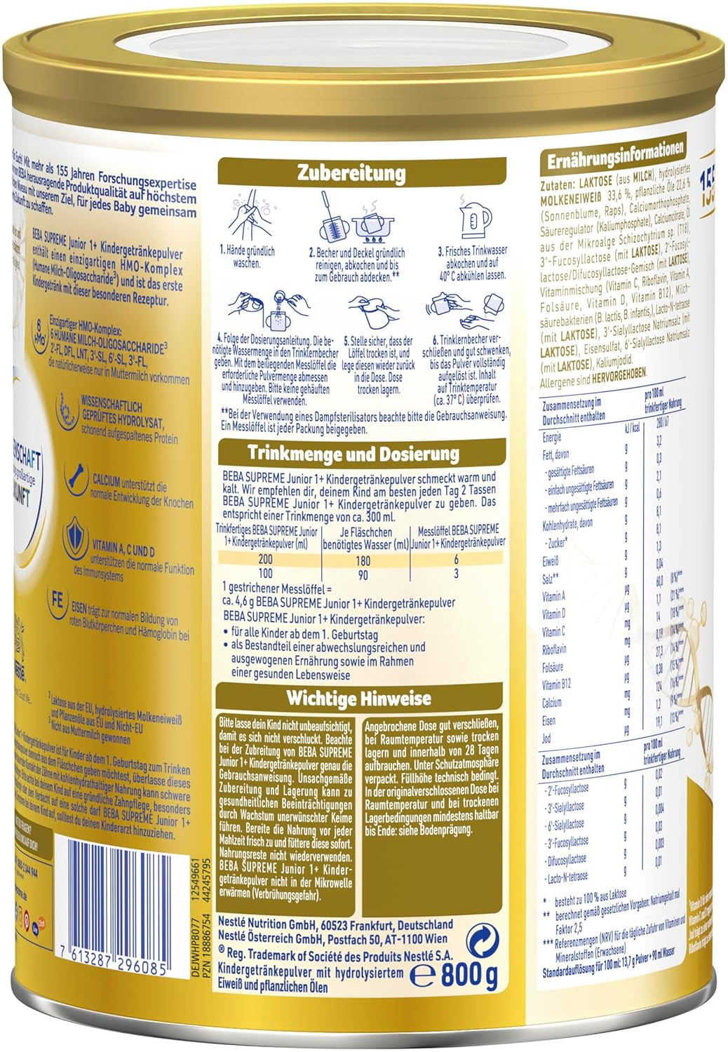 BEBA SUPREME JUNIOR 1 Plus - Bevanda per bambini da 1 anno, con complesso 6 HMO, senza lattosio, senza olio di palma, senza olio di pesce, alimenti per bambini piccoli, latte in polvere per neonati, confezione da 6 (6 x 800 g)