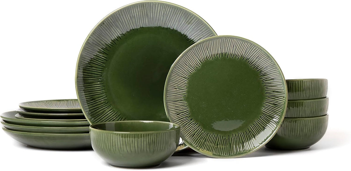 Set de veselă Mikasa Jardin cu 12 piese, set de veselă din gresie pentru 4 persoane cu farfurii, farfurii laterale și boluri, verde - cutie cadou și lavabilă în mașina de spălat vase