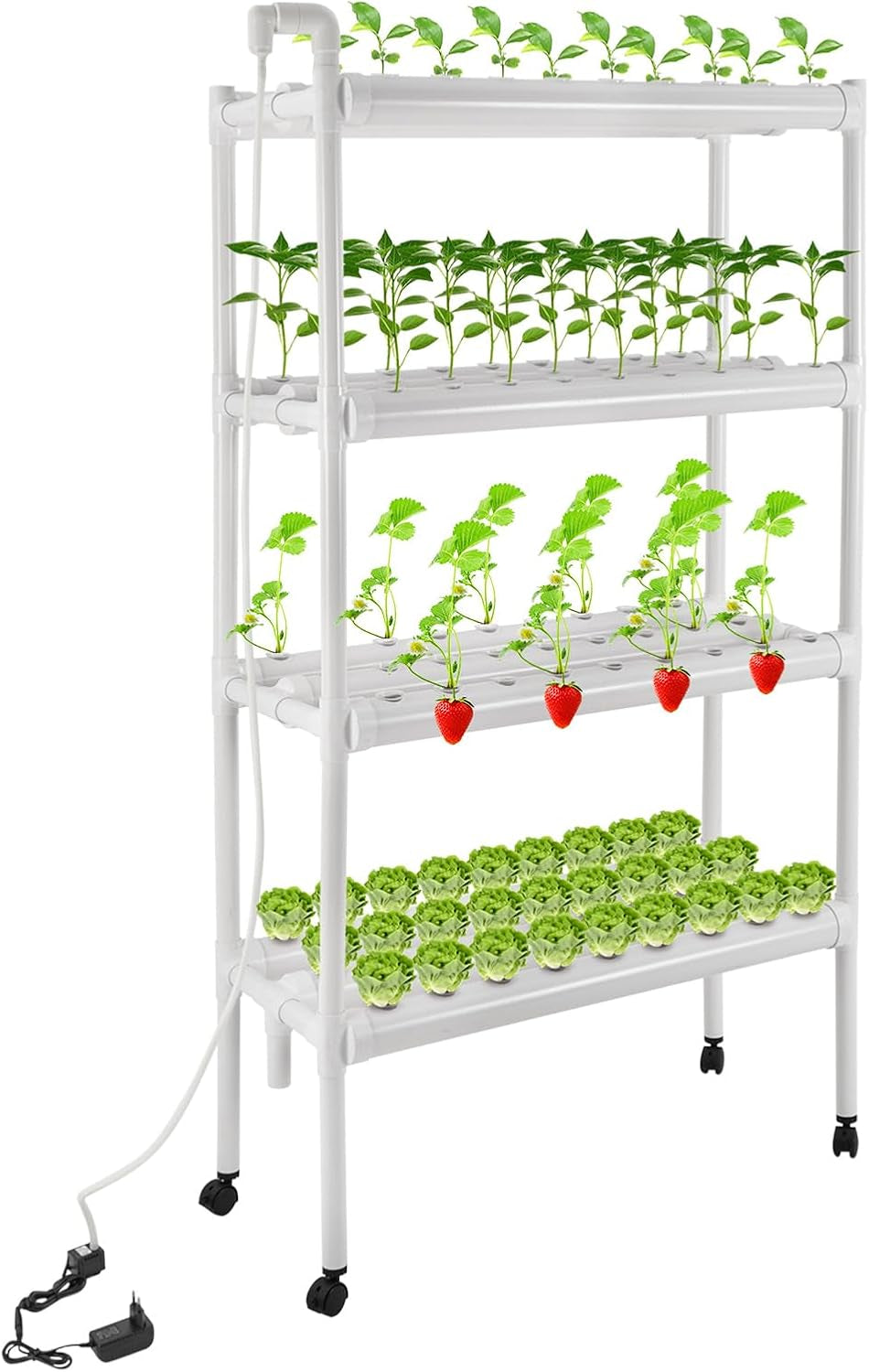 Kit de cultivare hidroponică cu 108 locuri de plantare, 4 niveluri cu pompă de apă. Sistem de cultivare hidroponică fabricat din țevi din PVC-U de calitate alimentară pentru acasă, balcon, grădină și legume de pe balcon.