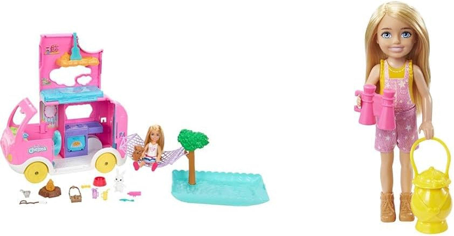 Barbie Chelsea Series, Chelsea Car And Camper Set cu 10+ Barbie Camping Accessories, 1X Chelsea Doll, Teal Car And Pink Mini Camper, Cadouri pentru copii 3+ ani, Fxg90 Papusi Naty Shop Pachet cu păpușă de camping Chelsea Chelsea Camper