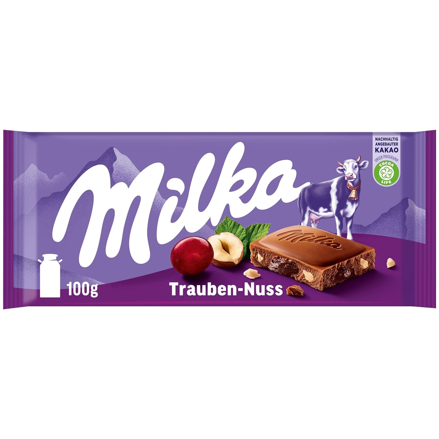 Milka Uva e Nocciole – Cioccolato al latte alpino con pezzi di nocciole e uvetta – 90g