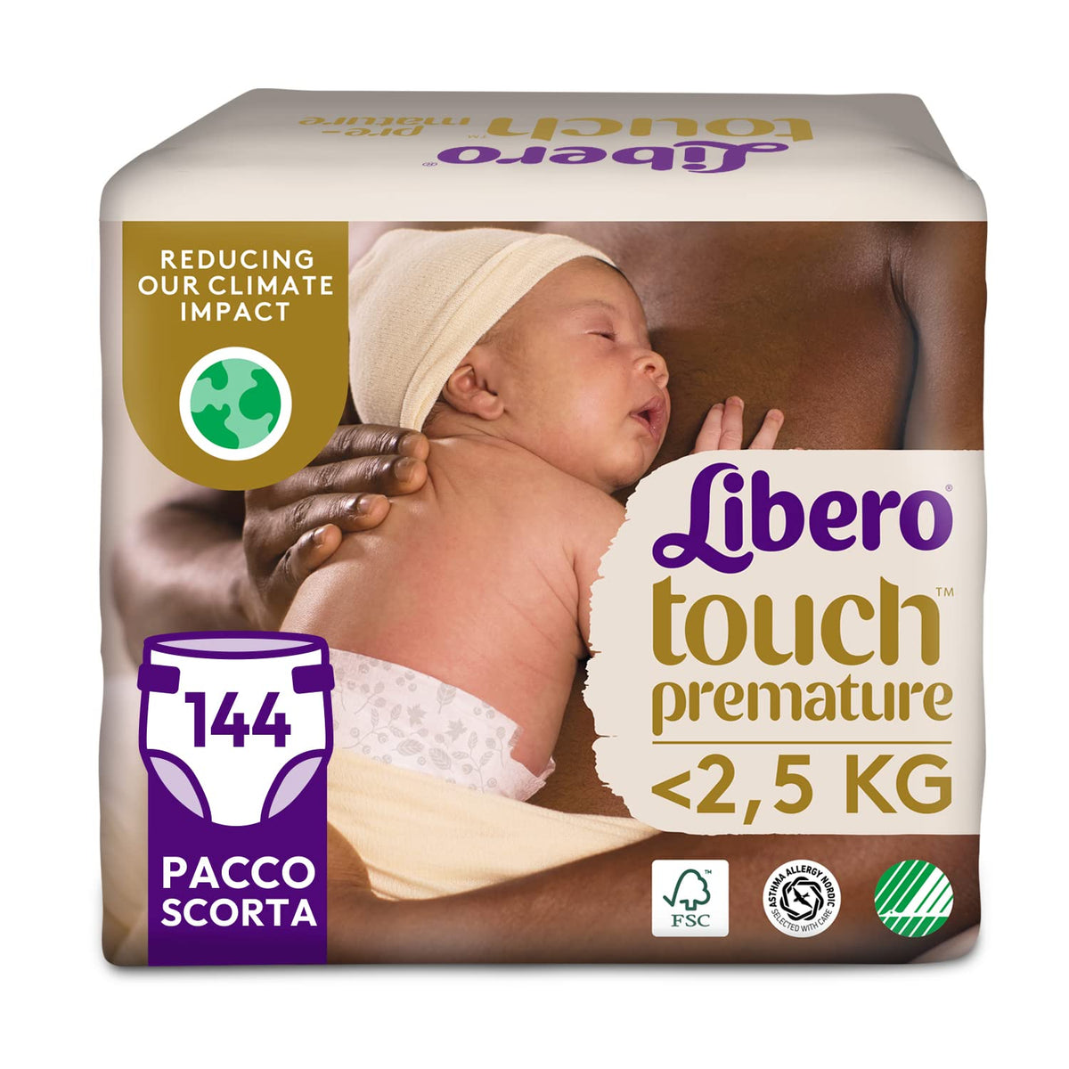 Pannolini per bambini aperti Libero Touch, 144 pannolini per bambini prematuri <2,5 kg, 6 confezioni da 24 pannolini usa e getta