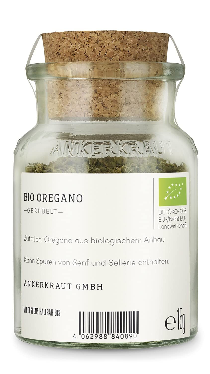 Ankerkraut BIO Origano, gerebeltes Küchen-Kraut, 15 g in vetro di sughero, Bio-Qualität zum selber Sürzen, Gewürz mediterranean Küche für Pizza & Pasta