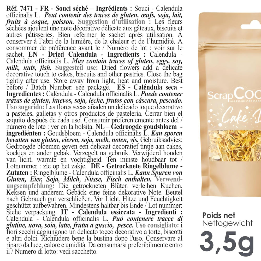 ScrapCooking - Calendule essiccate 3,5 g - Fiori commestibili - Decorazioni alimentari per dolci - Per dessert, torte, crostate, muffin - Natale, primavera, compleanno - Giallo dorato - 7471