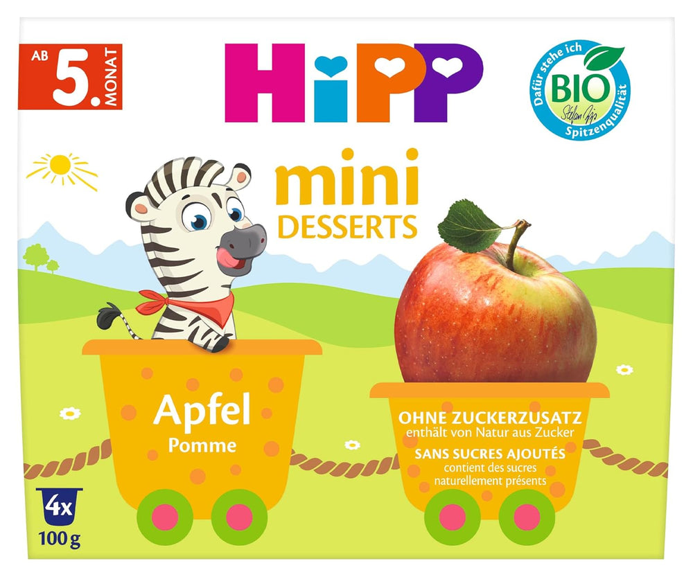 HiPP Mini Dessert Mela Bio (confezione da 6 x 4 x 100 g), a partire da 5 mesi, in pratiche tazze, senza zuccheri aggiunti, migliore qualità biologica
