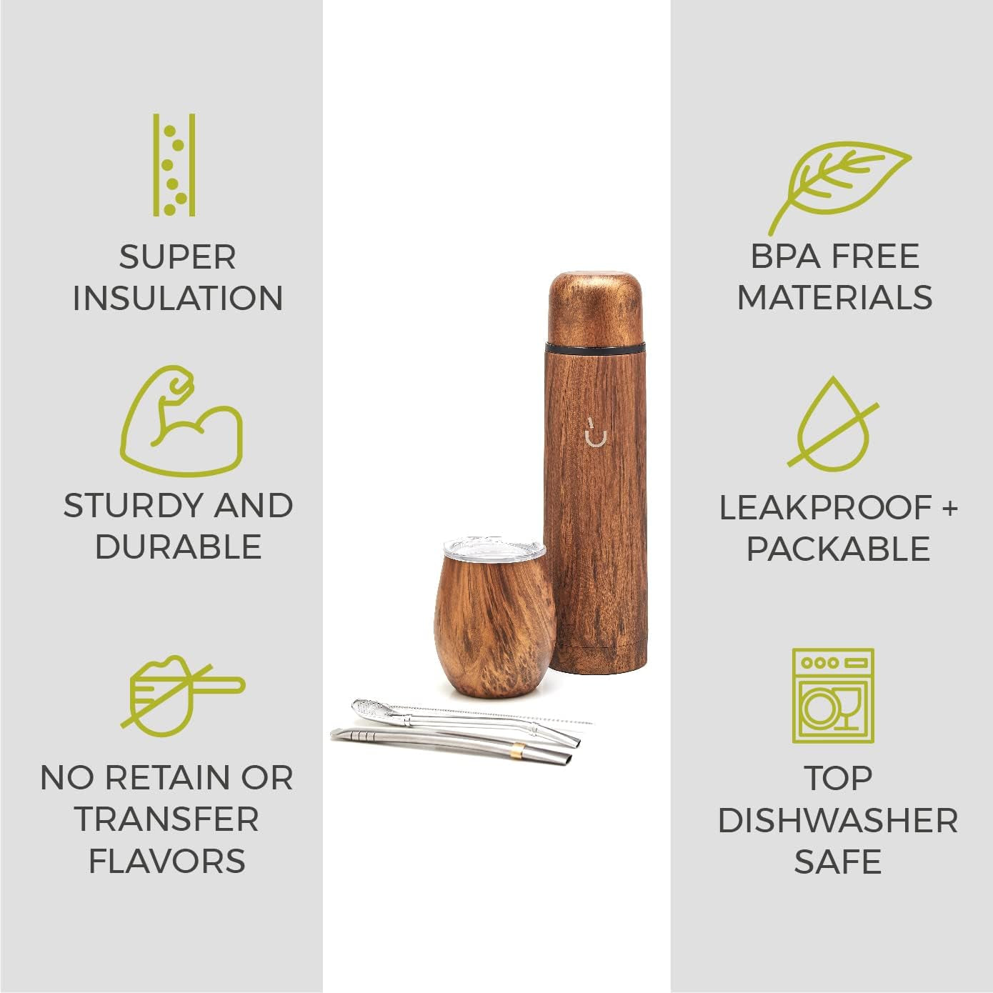Set complet Balibetov Yerba Mate – Calabash modern, sticlă izolată, bombilla și perie de curățare incluse în livrare – Toate din oțel inoxidabil 304 18/8 de calitate premium (lemn)