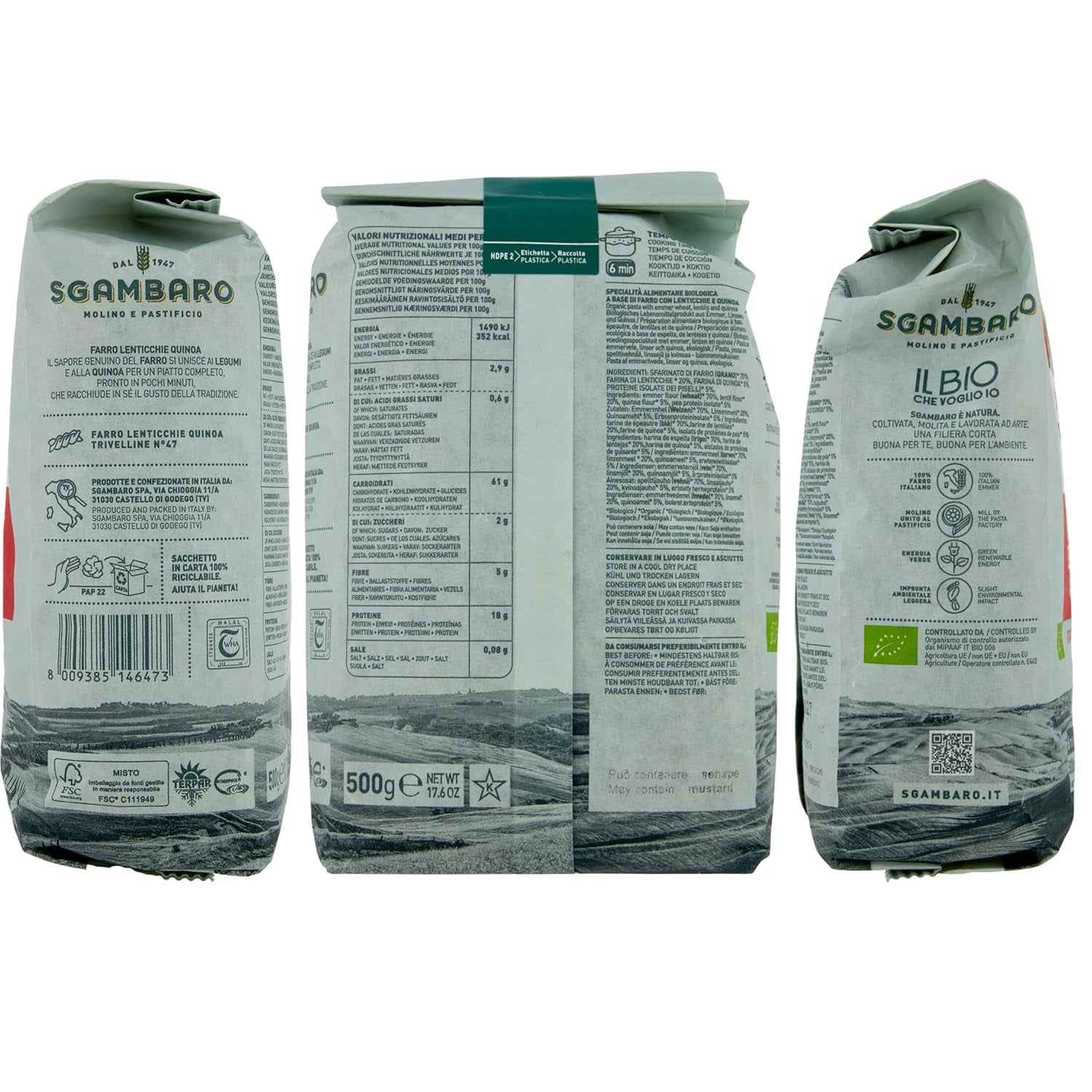 Pasta biologica Trivelline N.47 - 500g con farina di farro, farina di lenticchie e farina di quinoa - Ricca di proteine, fonte di fibre e proteine