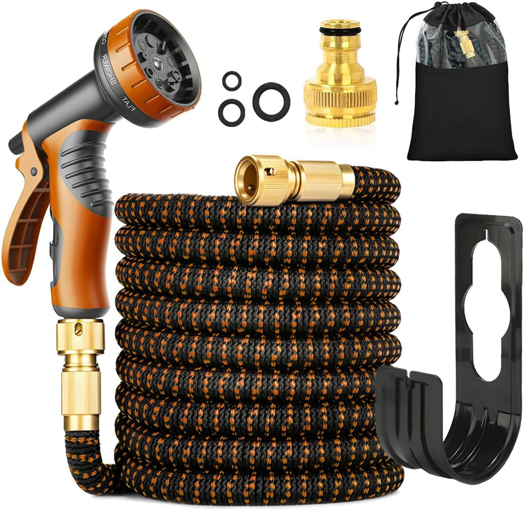 Furtun flexibil de grădină 30m/100ft verde, cu duză de pulverizare și conectori din alamă de 3/4" și 1/2", furtun de apă extensibil cu 10 funcții, extensibil de 3 ori, fără îndoituri, pentru grădină, podea, terasă, mașină