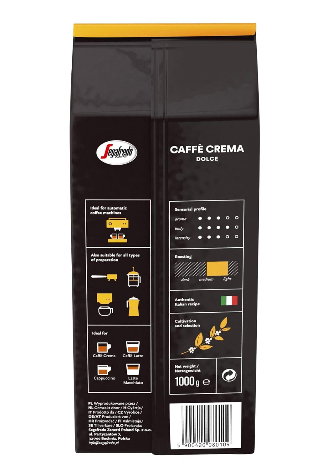 Segafredo Zanetti Caffè Crema Dolce - Boabe întregi (pachet de 1 kg) - Potrivit pentru Caffè Crema - Boabe de cafea prăjite ușor spre mediu, cu gust blând și echilibrat (pachet de 2)