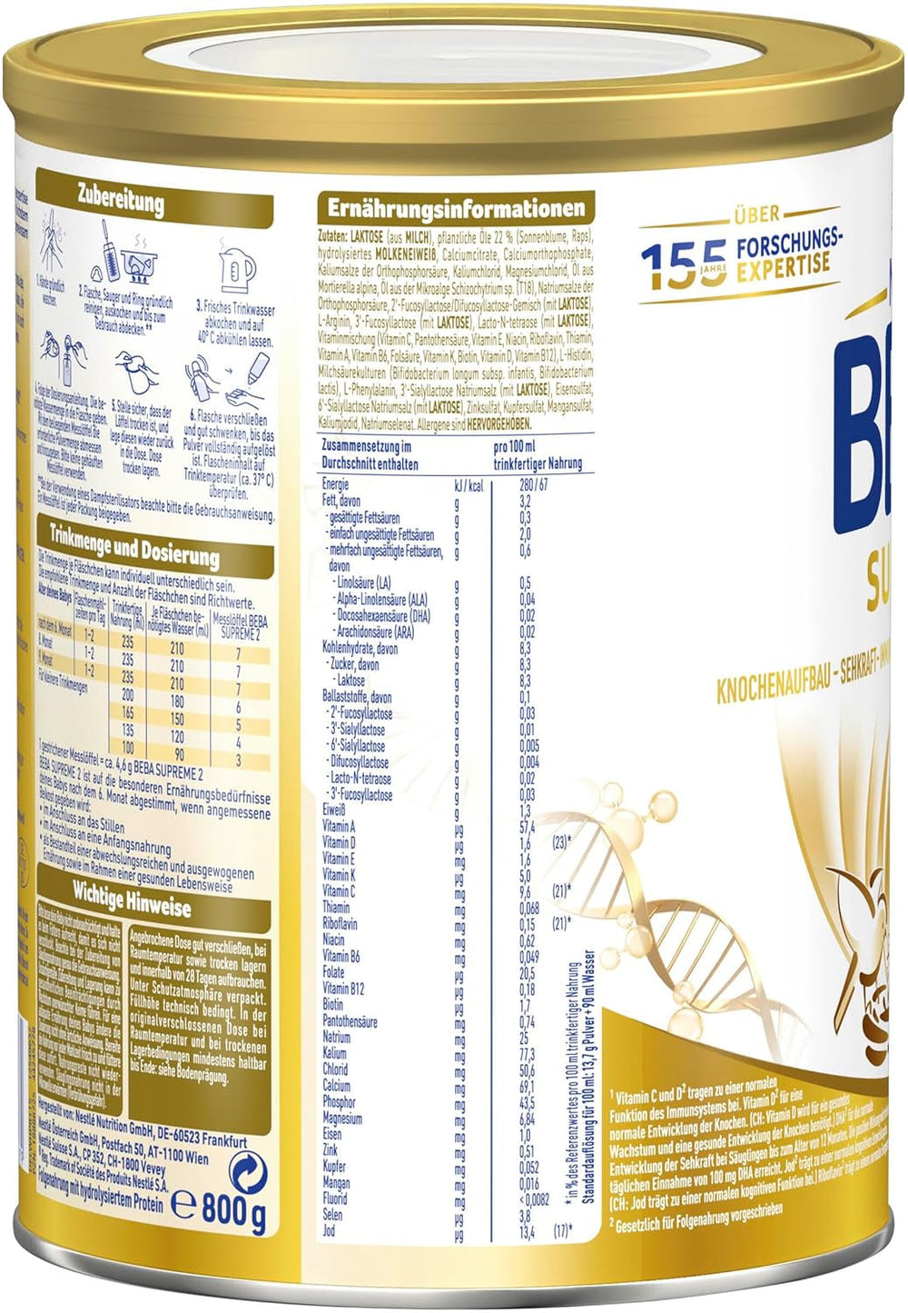 BEBA SUPREME 2 Latte di proseguimento dopo 6 mesi, solo lattosio, senza olio di palma, conf. da 6 (6 x 800g) Naty Shop