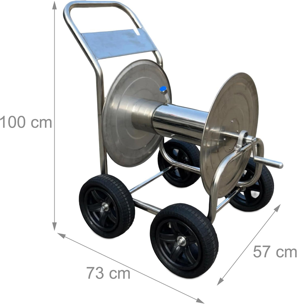 Cărucior furtun Relaxdays, până la 200 m, rolă mobilă pentru furtun, HL 100 x 73 x 57 cm, distribuitor furtun, oțel inoxidabil, argintiu