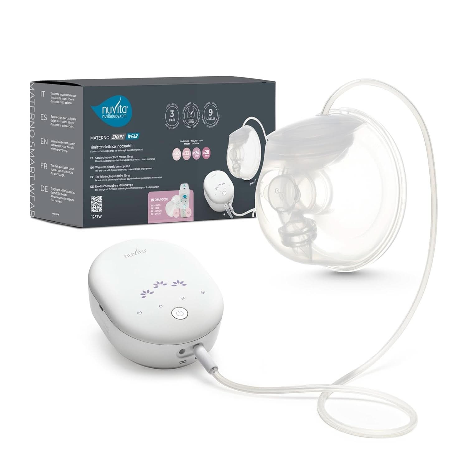 Nuvita Materno Smart Wear 1287W - Tiralatte elettrico portatile a mani libere - Tecnologia trifase, personalizzabile, portatile, disponibile kit conversione tiralatte doppio Accessori Alimentazione e Allattamento Bebe Naty Shop
