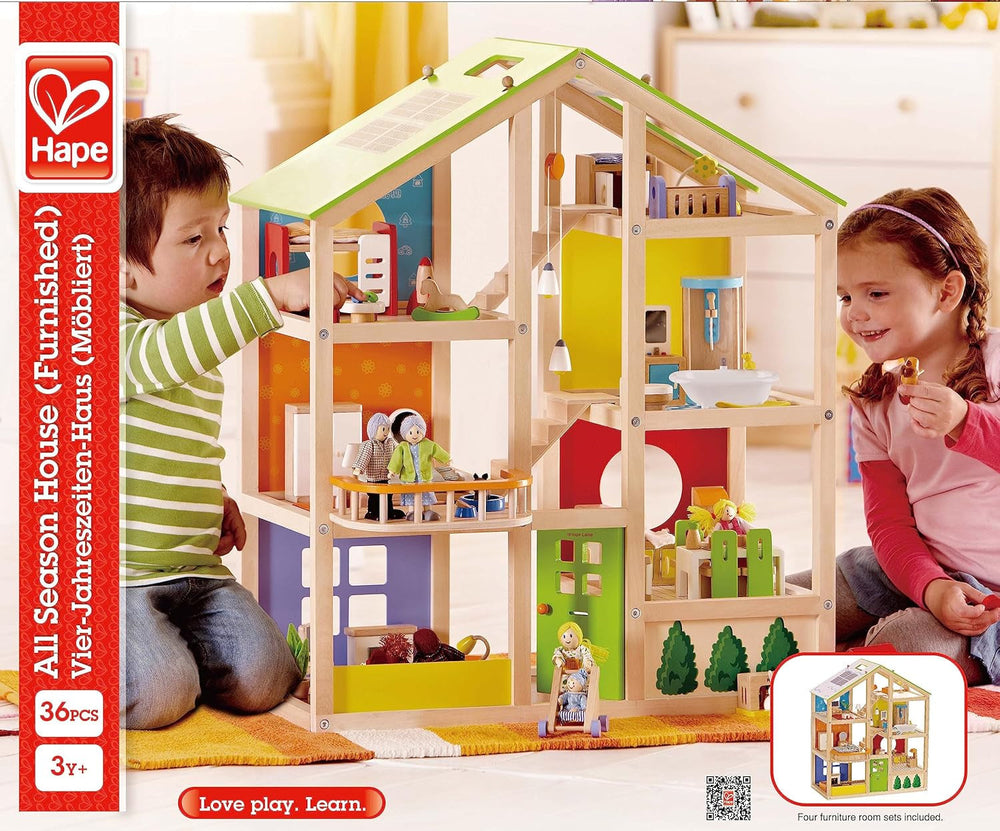 Hape Four Seasons Wooden Doll's House Casă de păpuși premiată cu trei etaje, cu mobilier, accesorii, scări mobile și acoperiș reversibil pentru fiecare sezon Casute de papusi Naty Shop