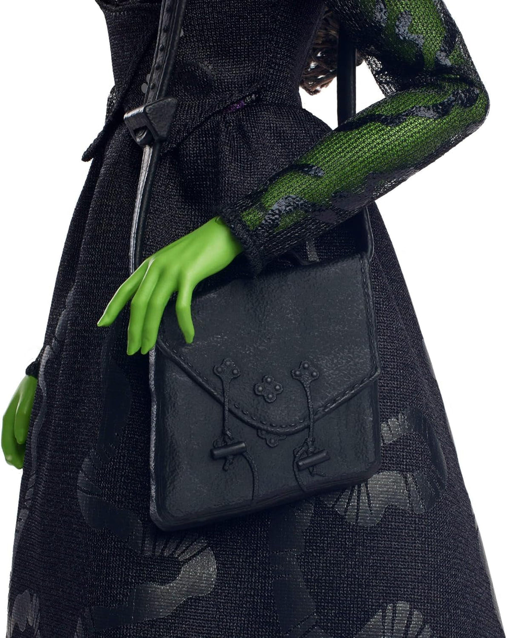 Mattel Wicked Elphaba, bambola alla moda con accessori, pelle verde, capelli intrecciati neri, varie pose possibili e abito da ballo allungabile, HXT62, [Multicolore] Naty Shop Dolls