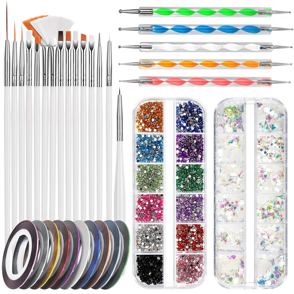 FANDAMEI Nail Art Pinsel Set, 15 Stücke Pinsel Für Gelnägel Nagel Pinsel, 5 Stücke Dotted Pen, 10 Rolle Streifenband Nägel, Strasssteine Nägel, Ultra Dünn Nagel Pailletten Für Nagelkunst Maniküre Set