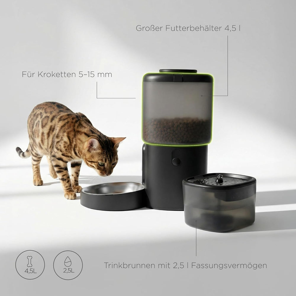 Feast Automatische Futterautomat Katze mit App und Kamera, Live-Video mit Nachtsicht und Zwei-Wege-Audio, Portionskontrolle, Edelstahl-Napf, Katzen Trinkbrunnen mit Filter, 4.5 l und 2.5 l