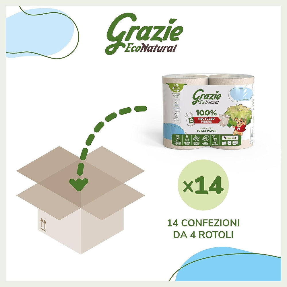 Hârtie igienică Grazie Natural, Econatural, 56 role, hârtie igienică reciclată Fibrepack, 100% ecologică, prietenoasă cu mediul, certificată cu etichetă ecologică și reciclată FSC, fabricată în Italia