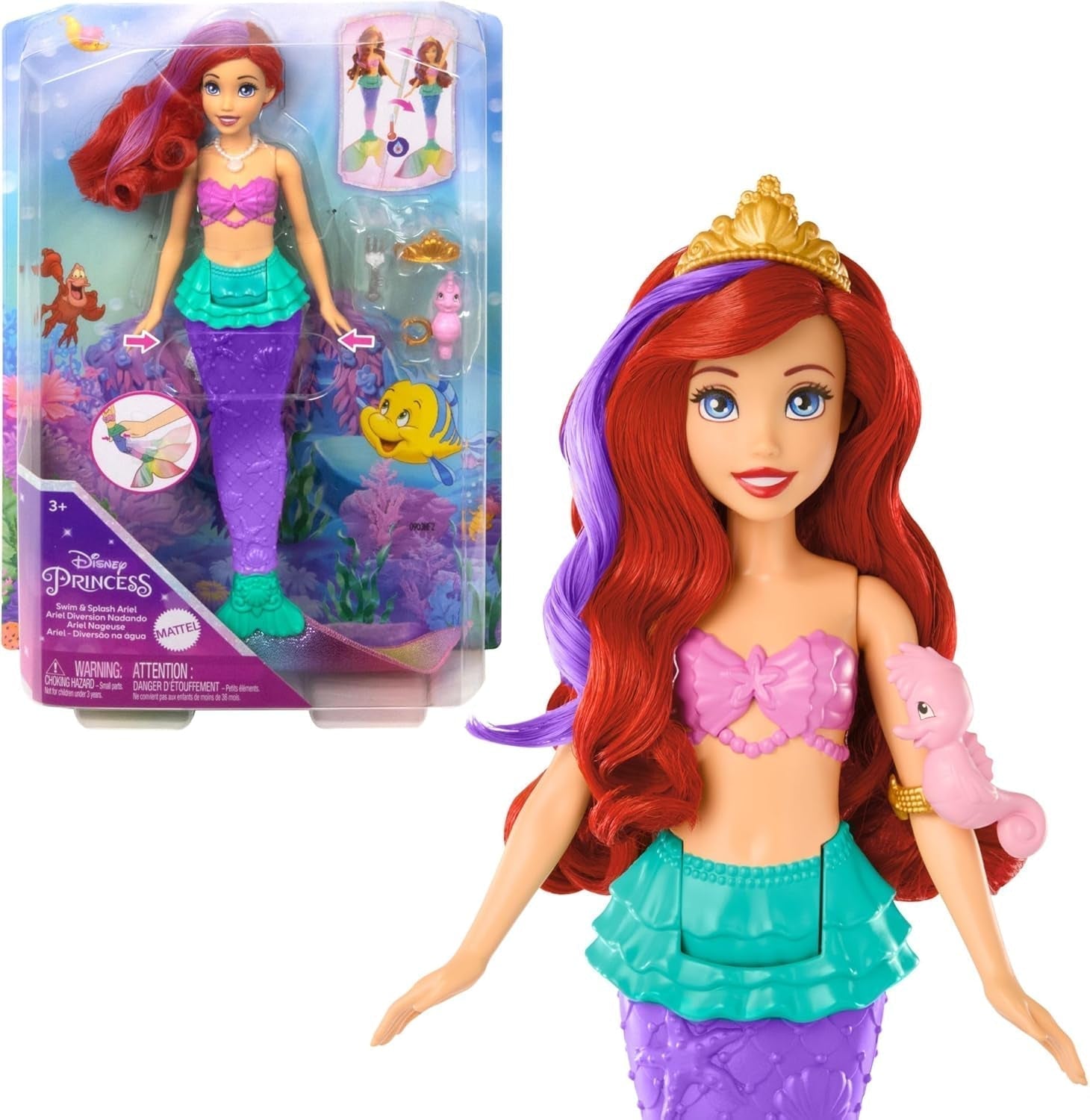 Mattel Disney Princess Toys, Make-up Shell Mermaid Arielle Fashion Doll cu coadă detașabilă, masă de machiaj cu 5 surprize pop-up repetabile și 5 accesorii, JBF86 Papusi Naty Shop Ariel