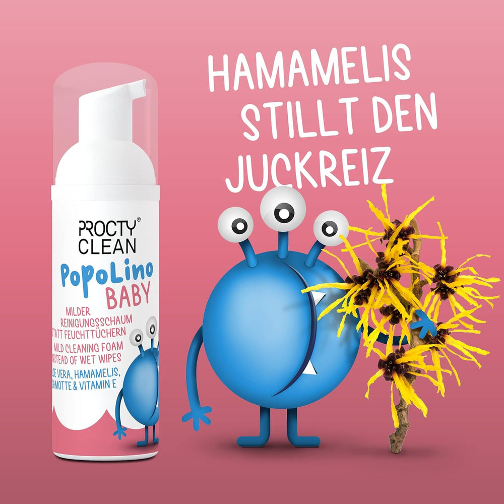 PopoLino Baby fondo morbido in schiuma al posto delle salviette umidificate. Schiuma detergente cosmetica vegana e naturale! Schiuma per i sederi con aloe vera, amamelide, bergamotto e vitamina E. Rende felici i sederi e l'ambiente.
