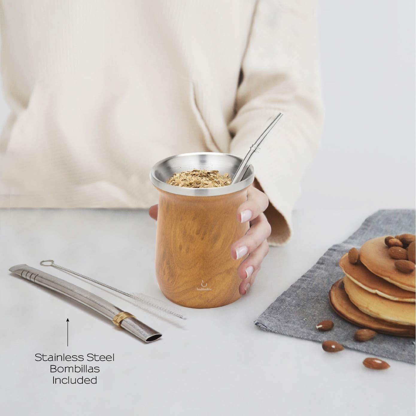 Set de ceai Yerba Mate balibetov (ceașcă Mate) din oțel inoxidabil cu bombilla (pai) pentru mate, Set Yerba Mate ușor de curățat și foarte durabil (LEMN)