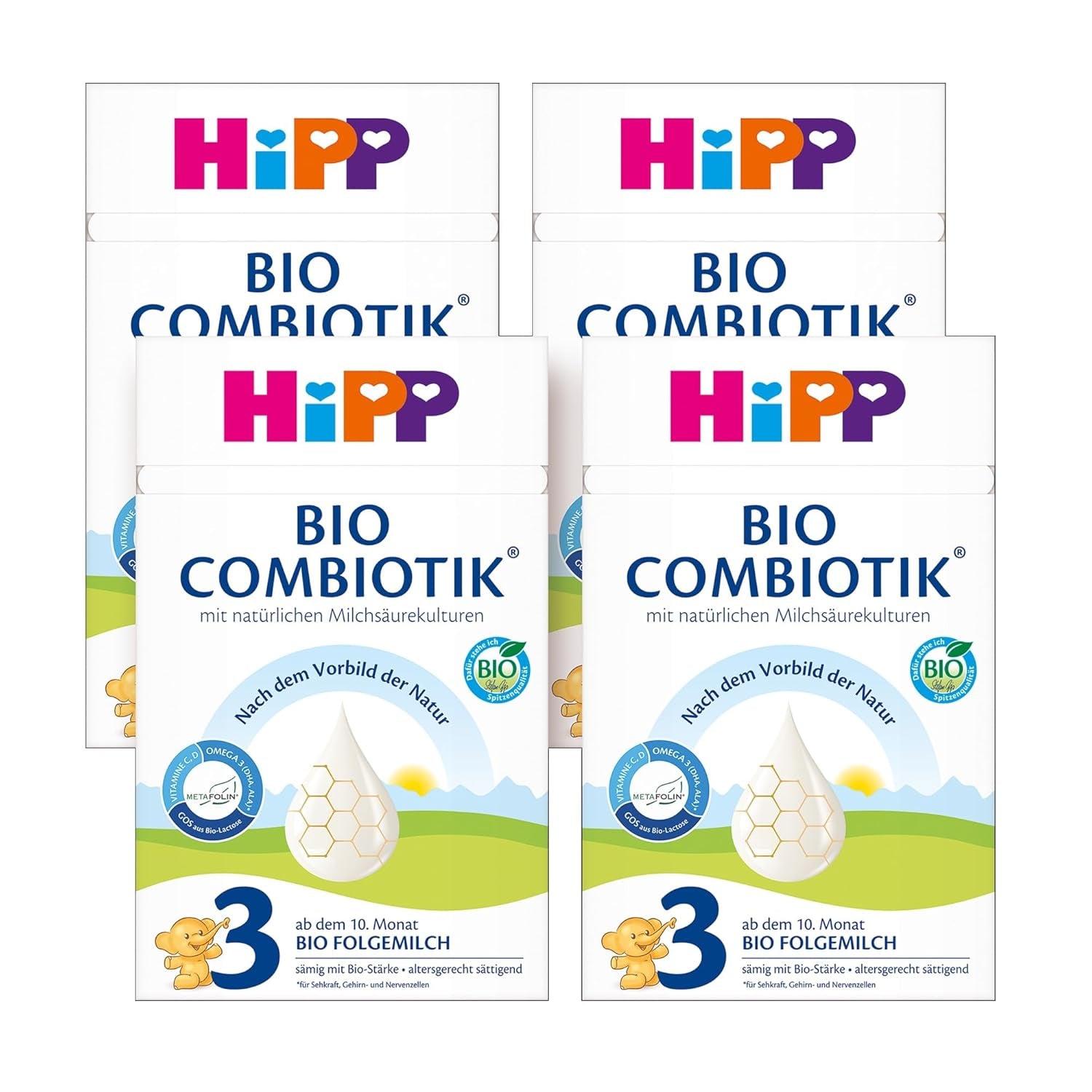 HiPP 3 Organic Combiotik (4 x 600g), latte di proseguimento a partire da 10 mesi, con colture naturali di acido lattico, vitamine C e D, GOS, Omega-3 (DHA, ALA), della migliore qualità biologica