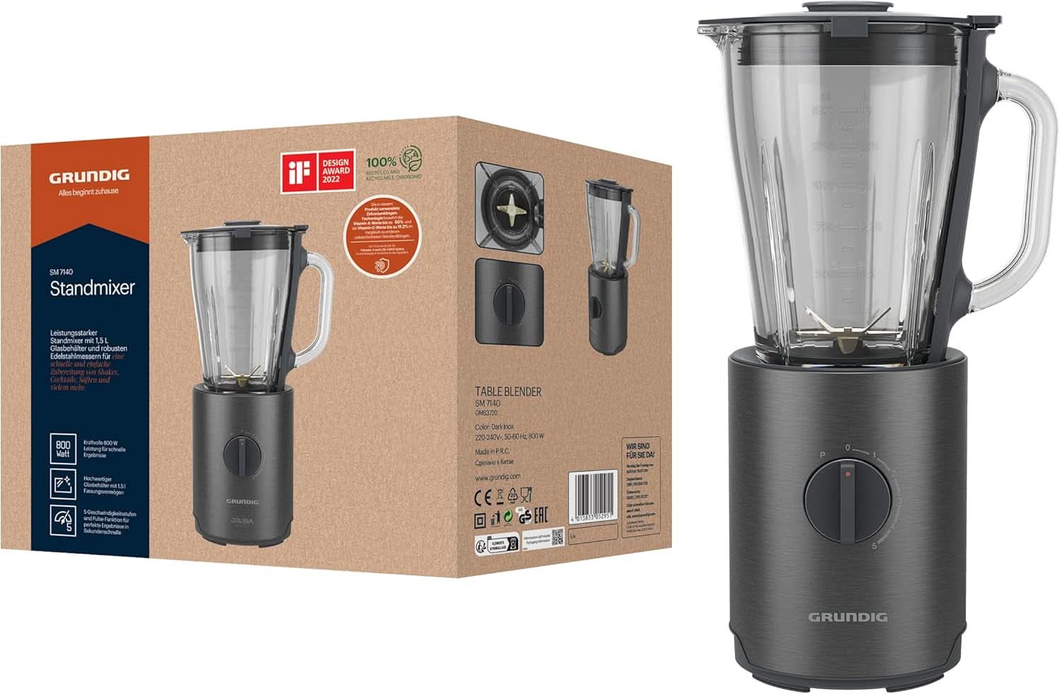 Grundig Delisia Novus SM 7140 Professioneller Robot da cucina, 1,5 litri, 800 Watt, 6-Fach Edelstahlmesser Mit Zirkonium-Beschichtung, 5 Geschwindigkeitsstufen + Pulse-Funktion, Dark Inox/Edelstahl Kitchen Naty Shop