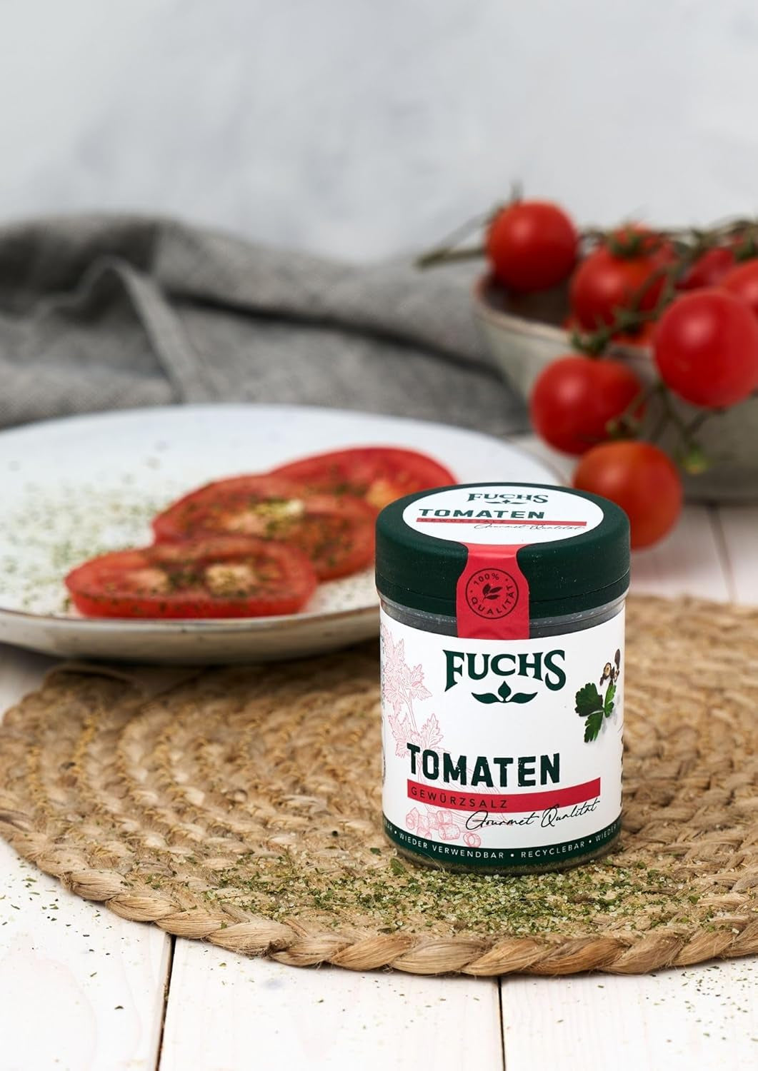 Fuchs Gewürze - Tomato Gewürz - Gewürzsalz für Tomatenbrot, Frühstücksei oder Steak - ingredienti naturali - 90 g in wiederverwendbarer, recyclebarer Dose