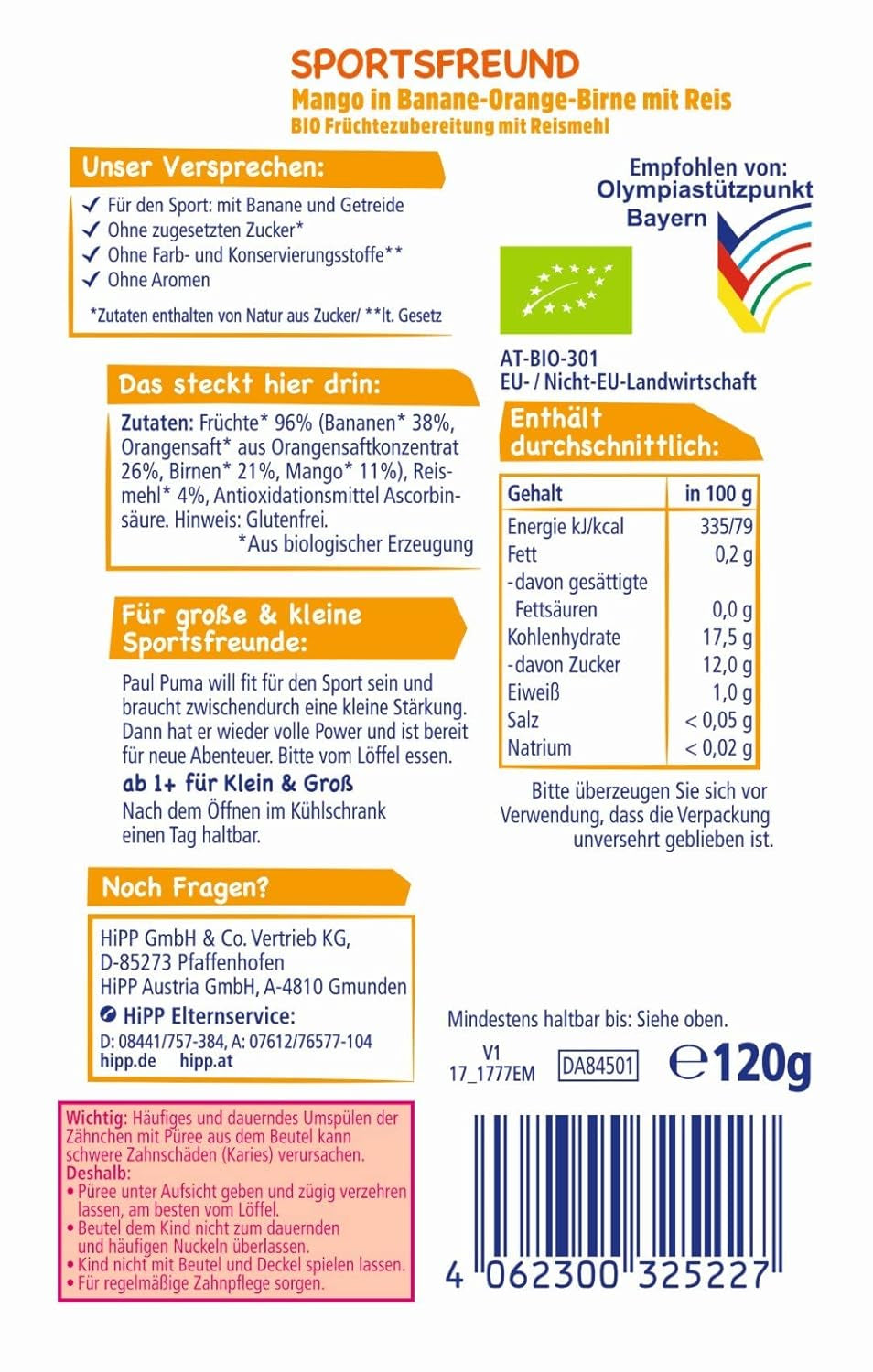 Buste Hipp, 100% frutta biologica senza zuccheri aggiunti, 6 X 120 grammi Mamma e Bambino Naty Shop