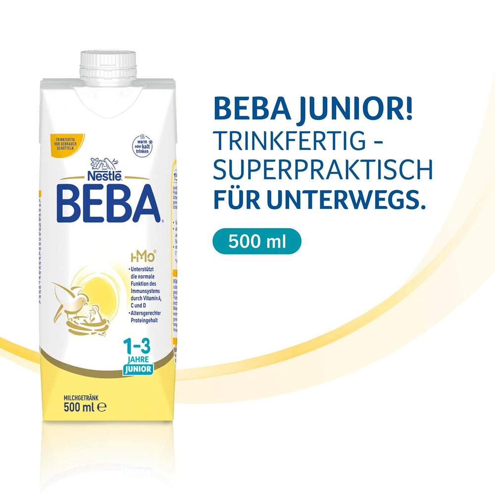 BEBA Junior, bevanda a base di latte pronta da bere per 1-3 anni, con HMO, contenuto proteico adeguato all'età, senza olio di palma, senza olio di pesce, alimenti per bambini, confezione da 12 (12 x 500 ml)