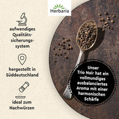 Herbaria Trio Noir bio 75g M-Dose – Bio Pfeffer schwarz ganz – ganze Pfefferbeeren – schwarze Pfeffermischung aus biologischem Anbau von drei verschiedenen Regionen - in nachhaltiger Aromaschutz-Dose