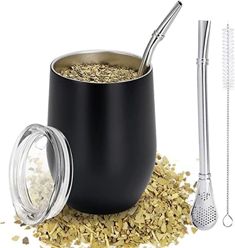 Cana modernă pentru mate 340 ml, set de căni pentru yerba mate din oțel inoxidabil cu pereți dubli izolați, cană pentru ceai mate cu capac fără BPA, bombillas și o perie de curățare (argintiu)