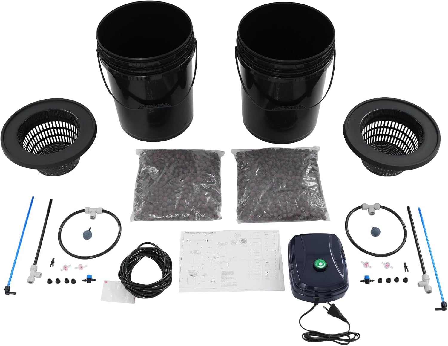 Kit completo del sistema idroponico DWC con pompa ad aria da 12 W, 2 secchi (5 galloni), sistema di coltivazione idroponica, 2 sacchetti di Ceramsite, kit di irrigazione per vasi
