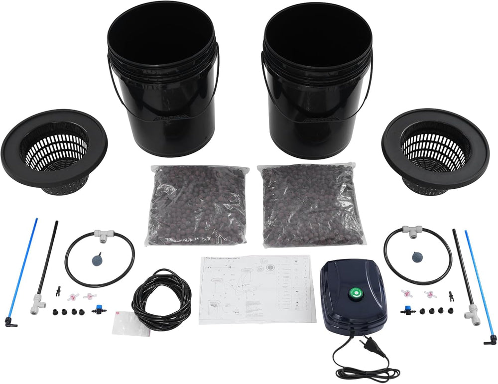 Kit completo del sistema idroponico DWC con pompa ad aria da 12 W, 2 secchi (5 galloni), sistema di coltivazione idroponica, 2 sacchetti di Ceramsite, kit di irrigazione per vasi