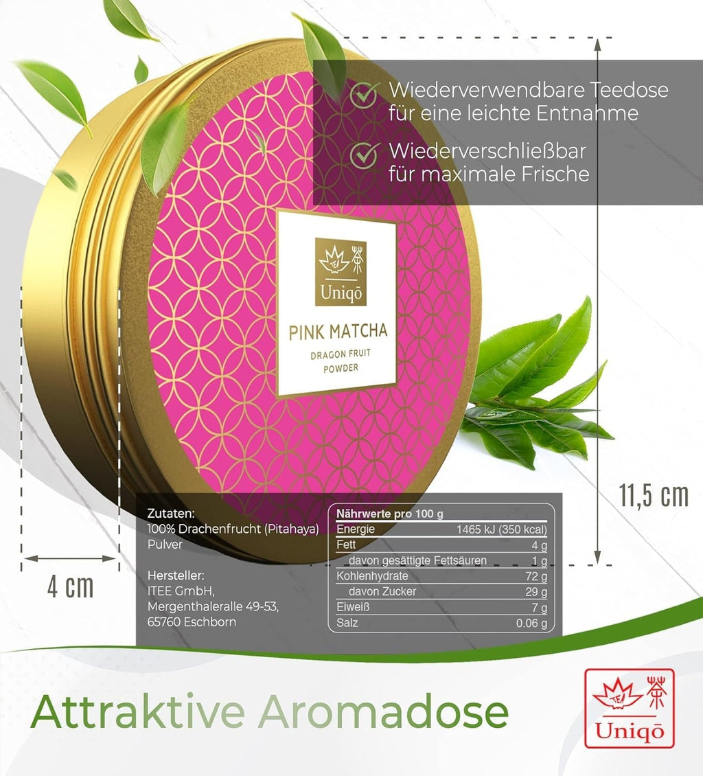 Tea Uniqo - Ceai Matcha roz pudră - Ideal pentru înghețată, latte, shake-uri, coacere sau gătit - Pudră de fructul dragonului Pitaya, 100% natural, fără aditivi, în cutie resigilabilă