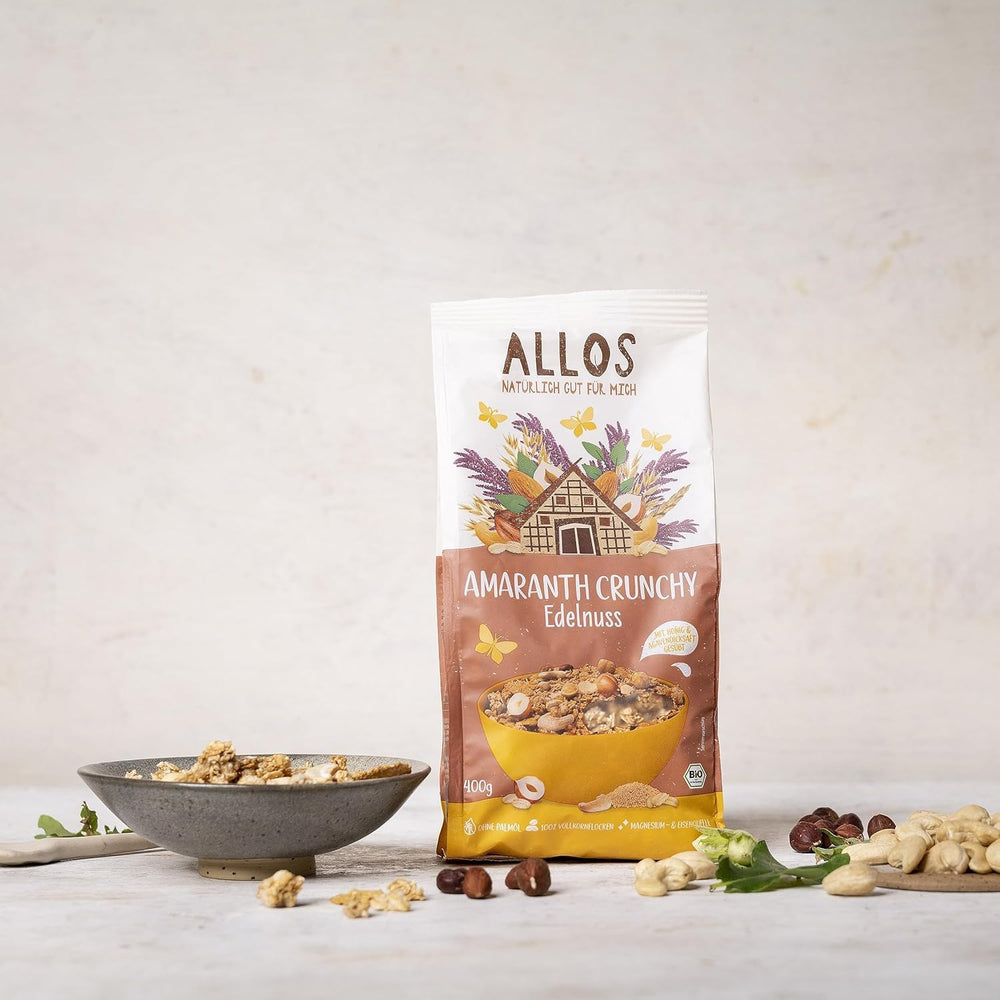 Muesli croccante premium con noci e amaranto Allos | Muesli biologico | Muesli alle noci | Farina d'avena | Cereali per la colazione | Vegano | Confezione da 6 (6 x 400 g)