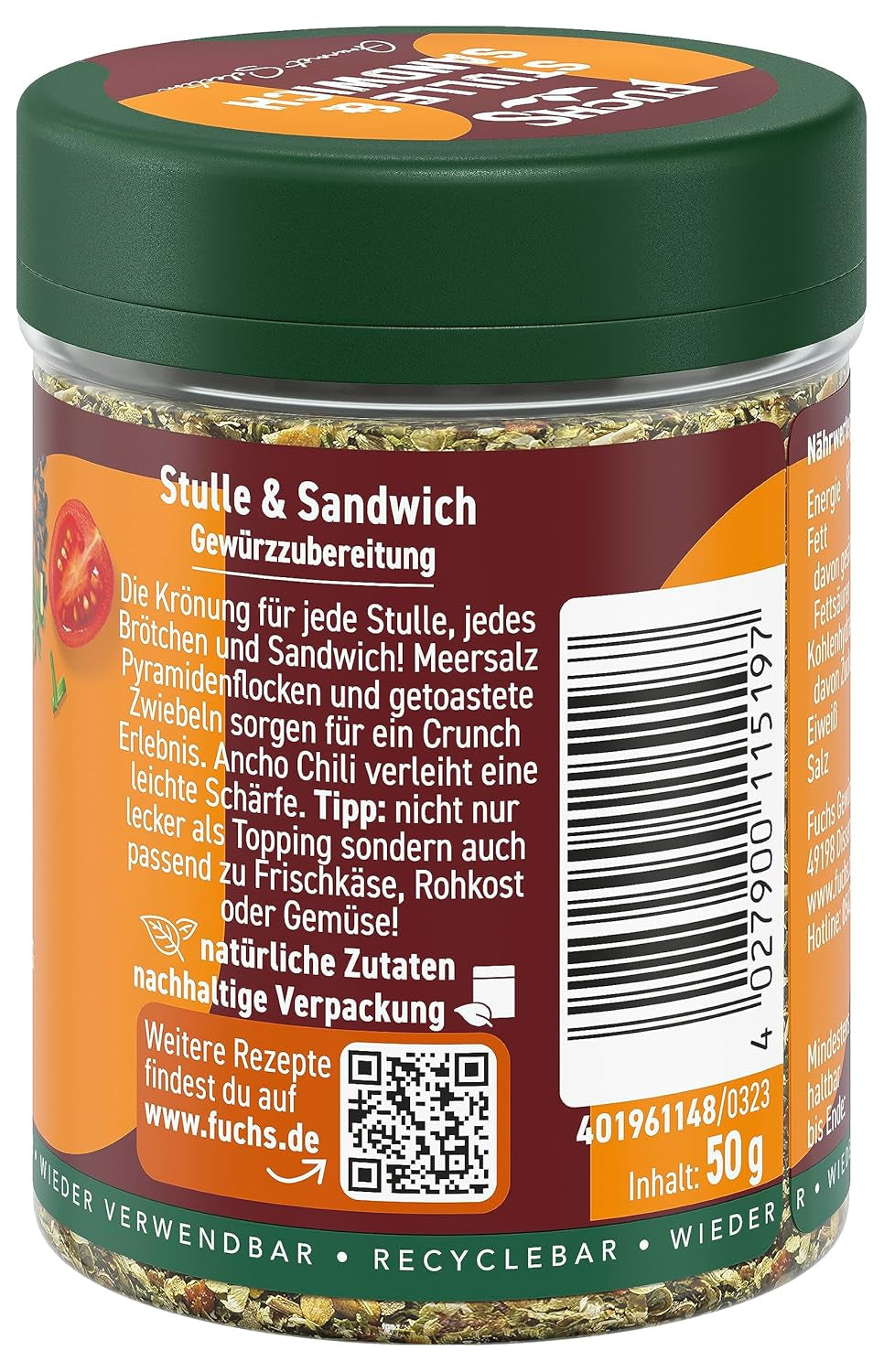 Fuchs Gewürze - Stulle und Sandwich Gewürz - croccante Topping al burro con Pyramidenflocken und getoasteten Zwiebeln - aus natürliche Ingredient - 50 g in wiederverwendbarer, recyclebarer Dose