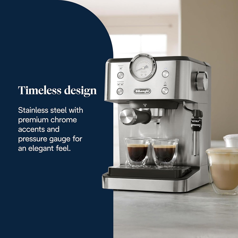 Espressor portafiltru De'Longhi Classic EM450.M cu spumator de lapte profesional, carcasă complet metalică, 15 bari, rezervor de apă de 1,7 l, oțel inoxidabil/metal