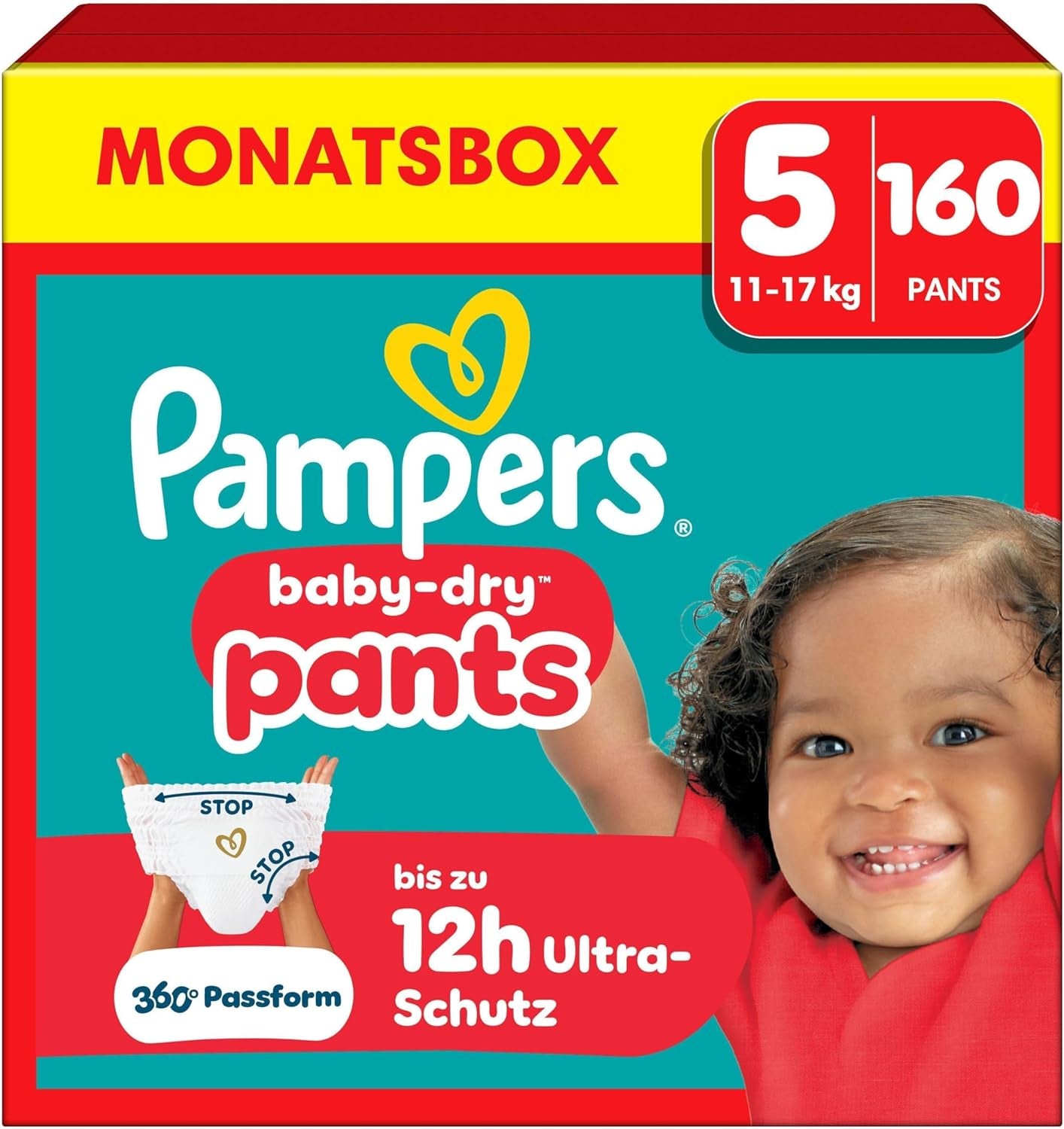Pantaloni Pampers Baby-Dry Taglia 5, 160 Pezzi, 11kg-17kg, 360° auslaufsichere Fit per il giorno e la notte